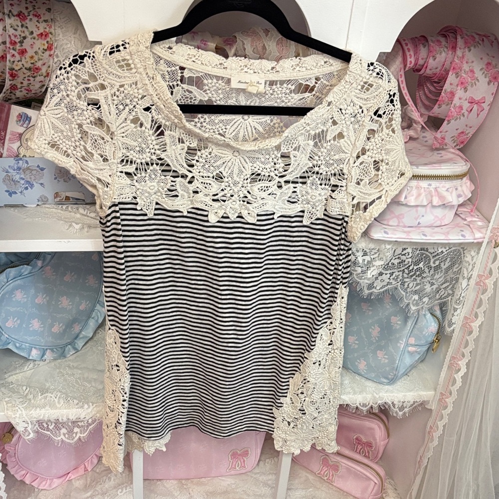 Anthropologie Black and White Striped Blouse with Cream Lace